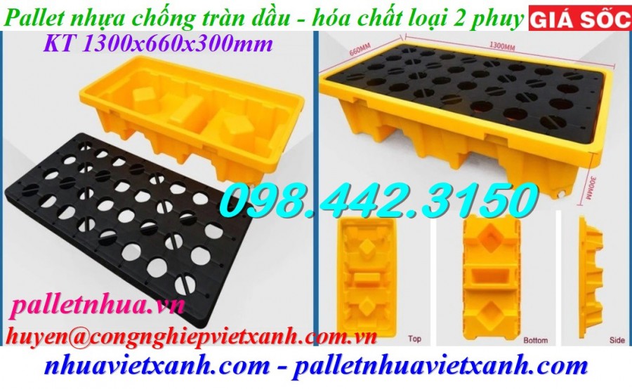 Pallet nhựa chống tràn dầu - hóa chất 2 phuy giá rẻ, siêu cạnh tranh-image-2